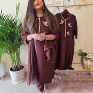 Title: Ready to wear  Choclate brown Pure Mul Chanderi Calcutta zari Hand Embroidered Kurta Set with Dupatta