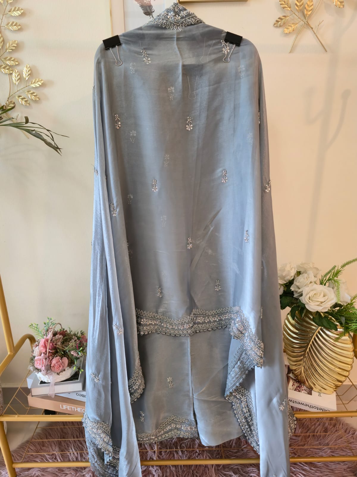 Elegant slate grey pure viscouse Fendi fabric Suit with Delicate Hand Embroidery - Image 6