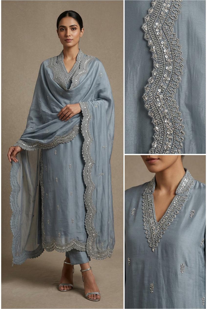 Elegant slate grey pure viscouse Fendi fabric Suit with Delicate Hand Embroidery