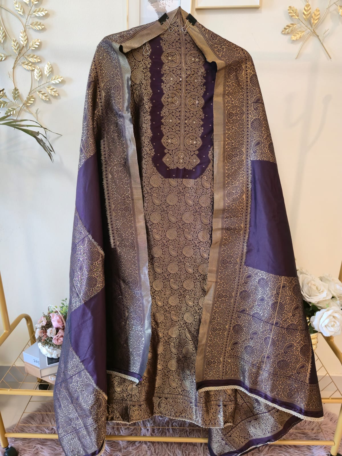 Purple Heavy Zari pure jacquard Embroidered 3-Piece Unstitched Suit with Luxurious Dupatta - Image 2