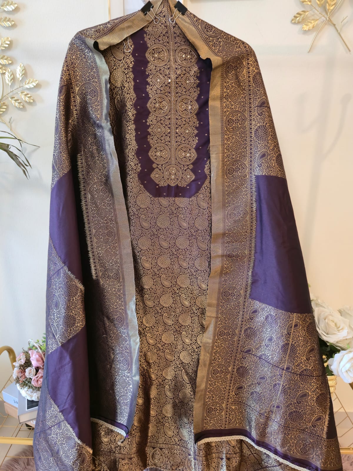 Purple Heavy Zari pure jacquard Embroidered 3-Piece Unstitched Suit with Luxurious Dupatta - Image 5