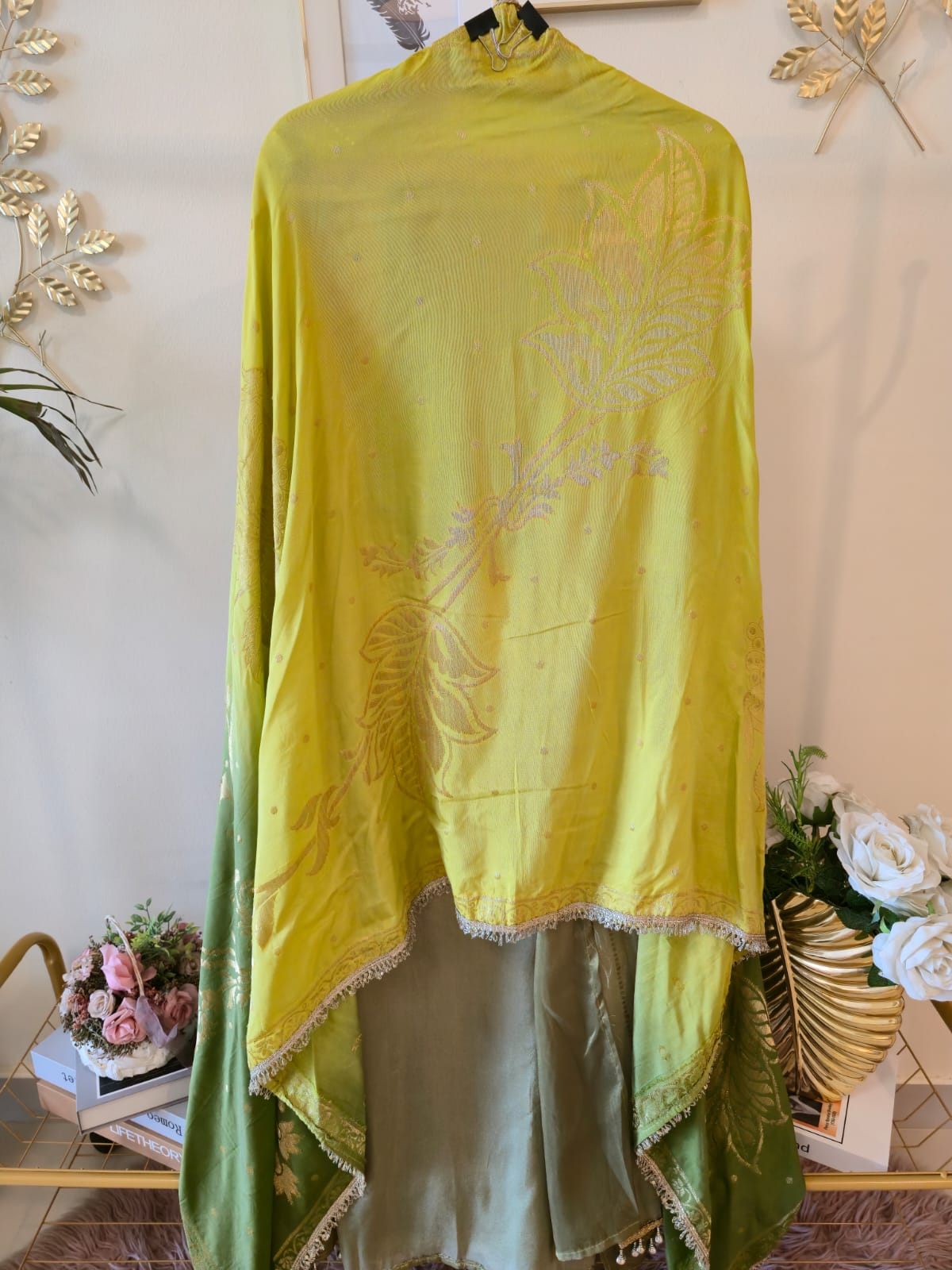 Lime & Forest Green Ombre Pure Georgette Nalki Hand-Embellished unstiched three peice suit - Image 6