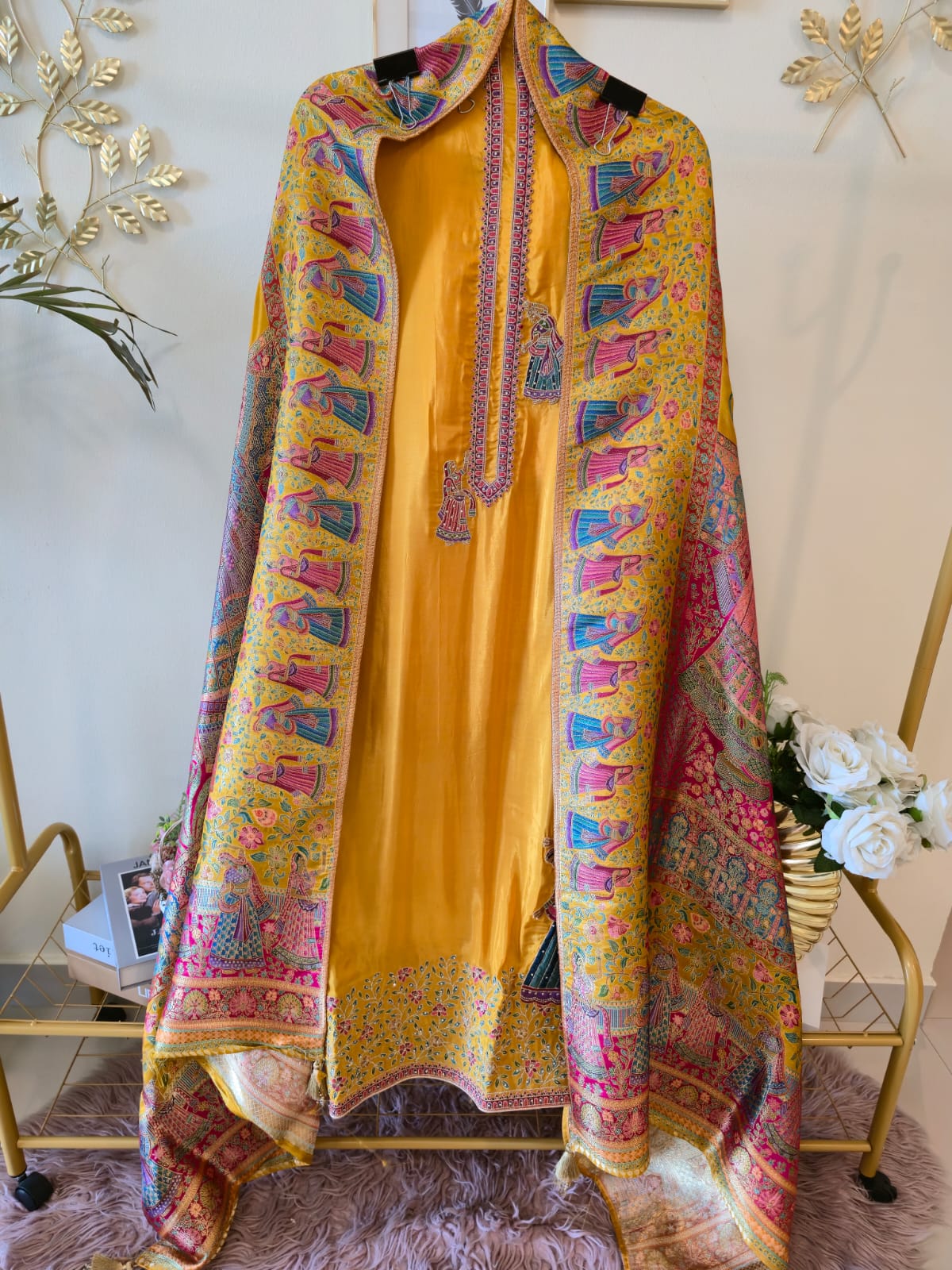 Pure silk mustard color unstiched three peice suit. - Image 2