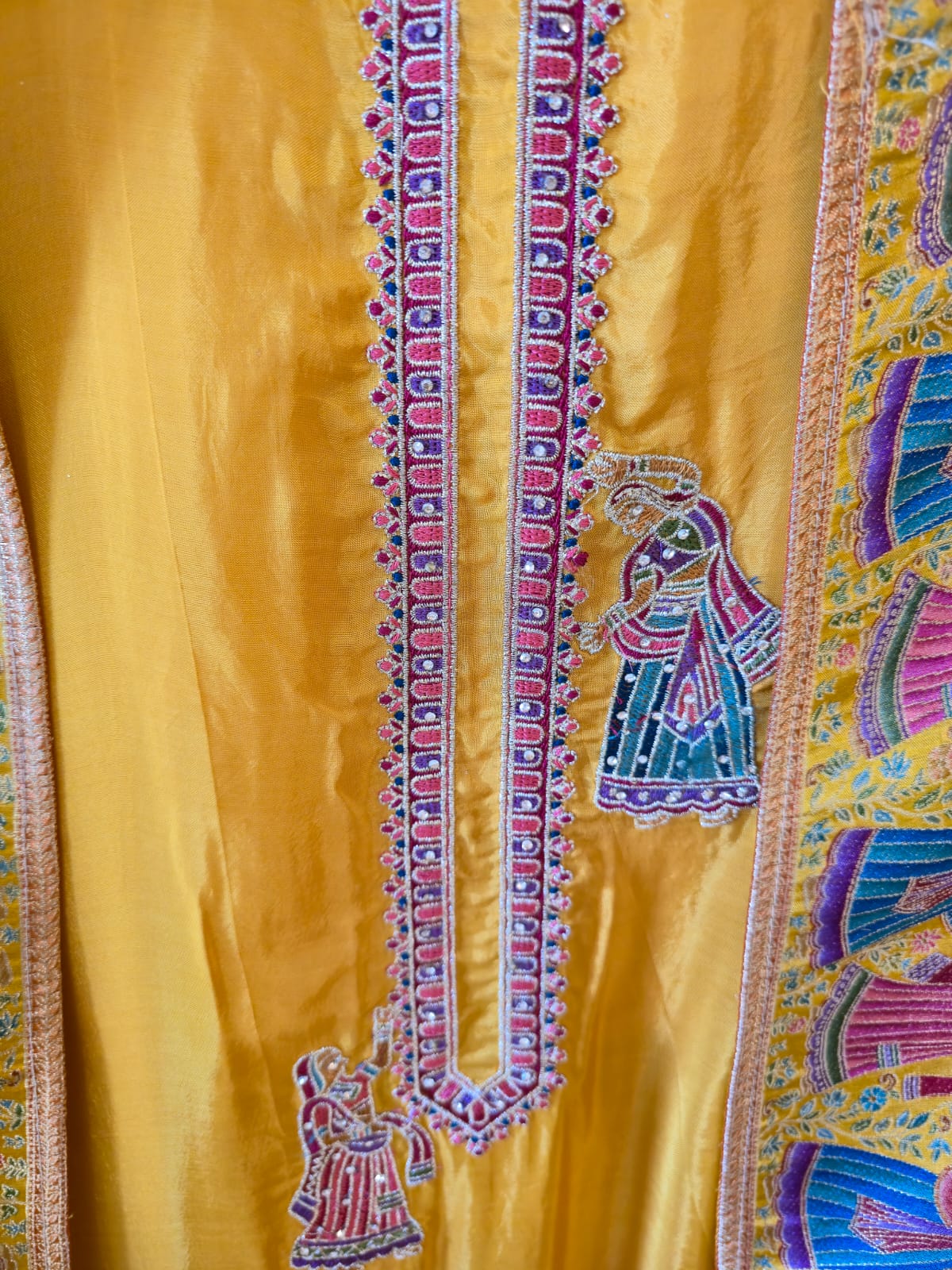 Pure silk mustard color unstiched three peice suit. - Image 4