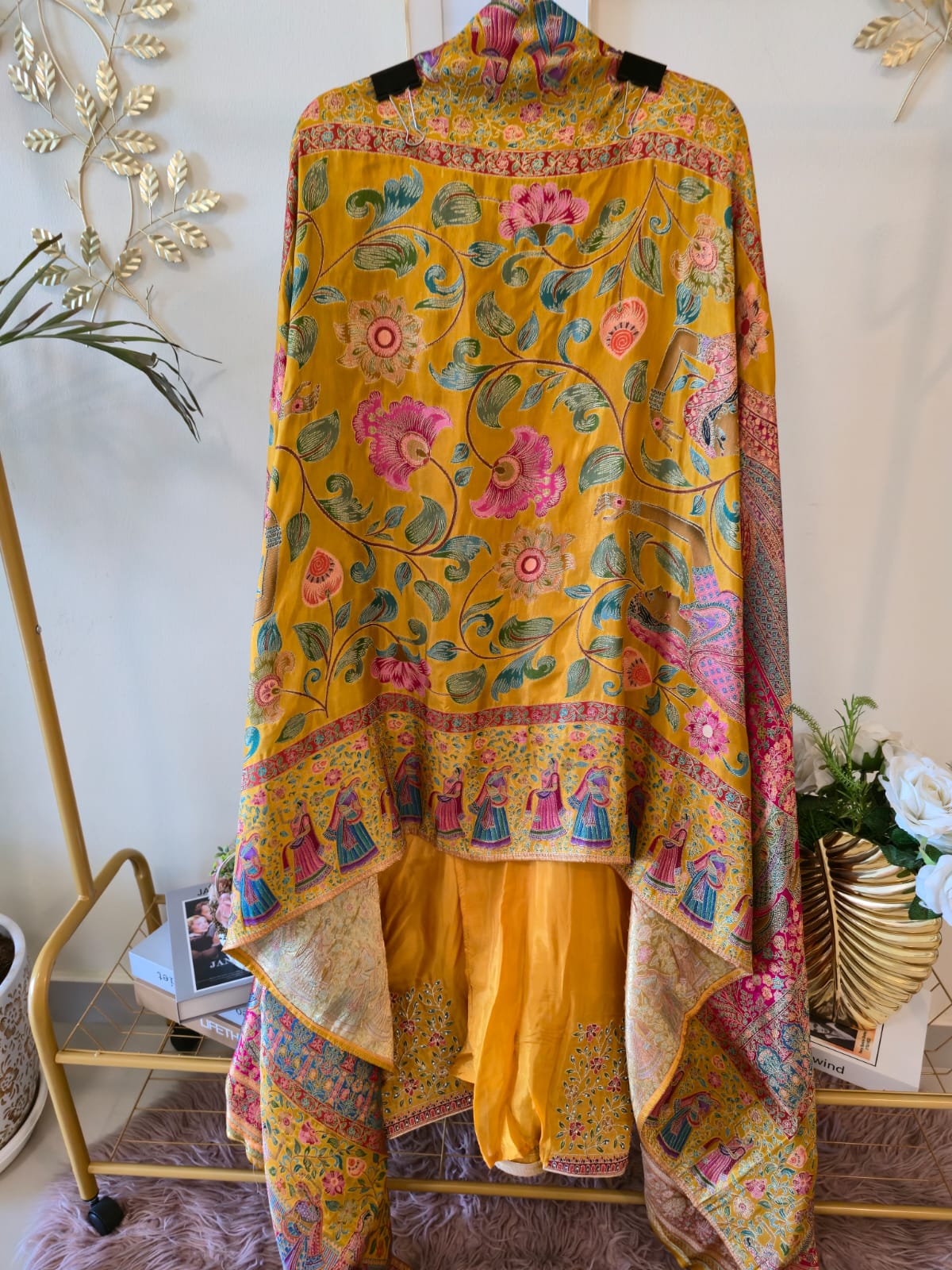 Pure silk mustard color unstiched three peice suit. - Image 3