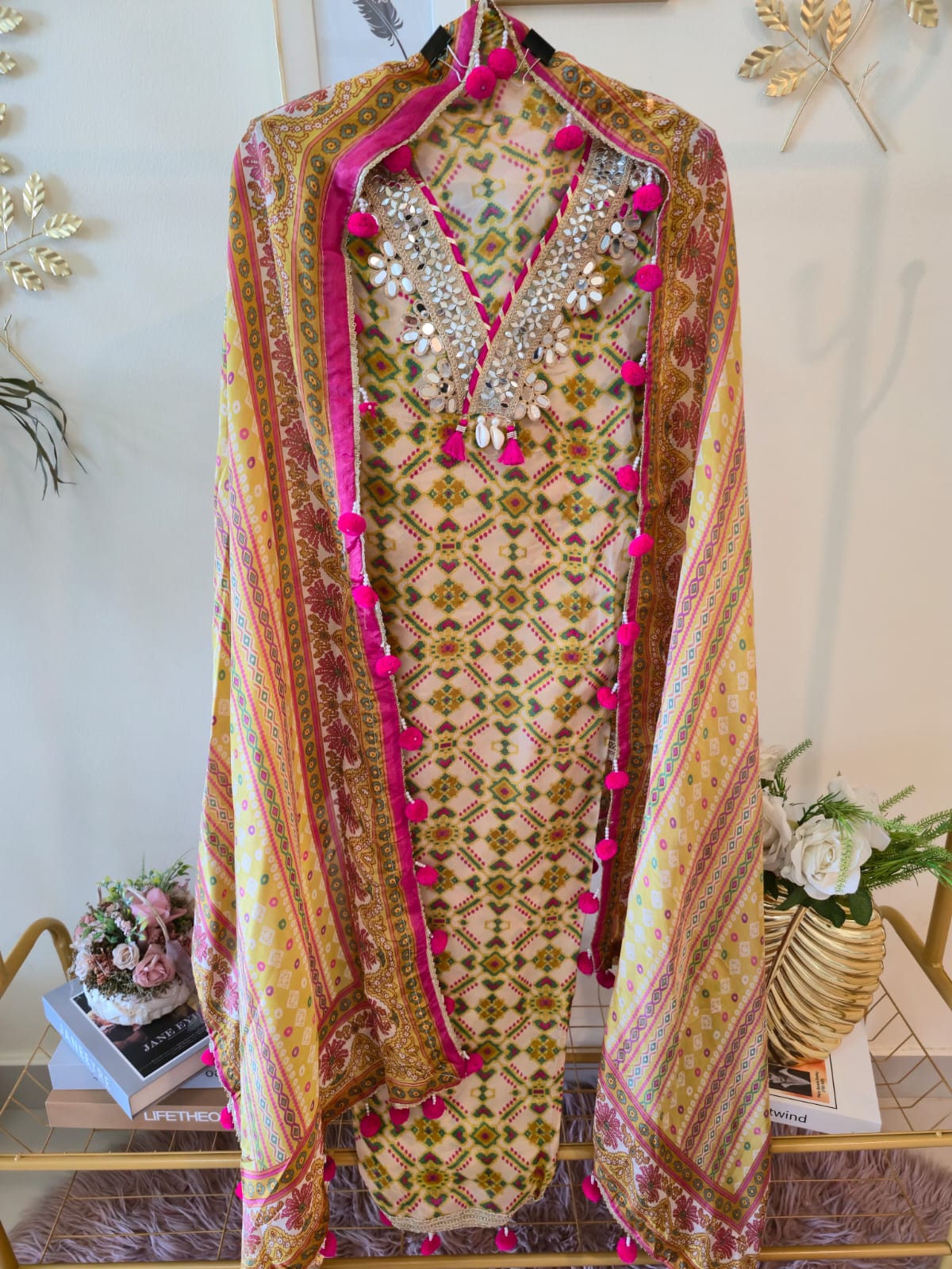 Pure crape Sunlit Mustard Mirror Work Unstitched Suit with Pink Pom-Pom Dupatta - Image 4