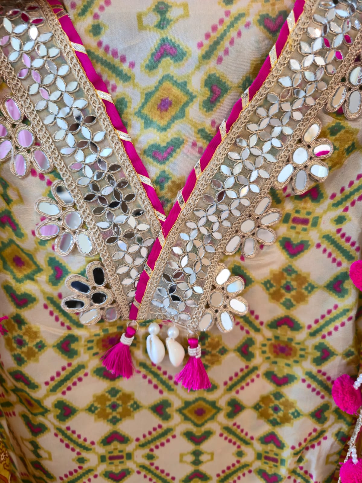 Pure crape Sunlit Mustard Mirror Work Unstitched Suit with Pink Pom-Pom Dupatta - Image 6