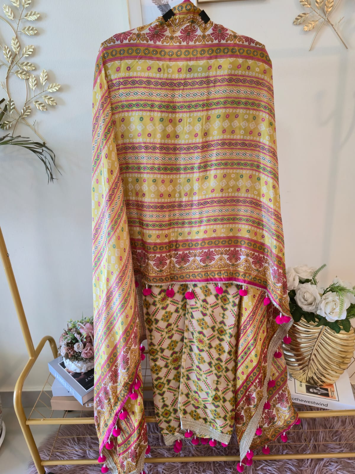 Pure crape Sunlit Mustard Mirror Work Unstitched Suit with Pink Pom-Pom Dupatta - Image 5