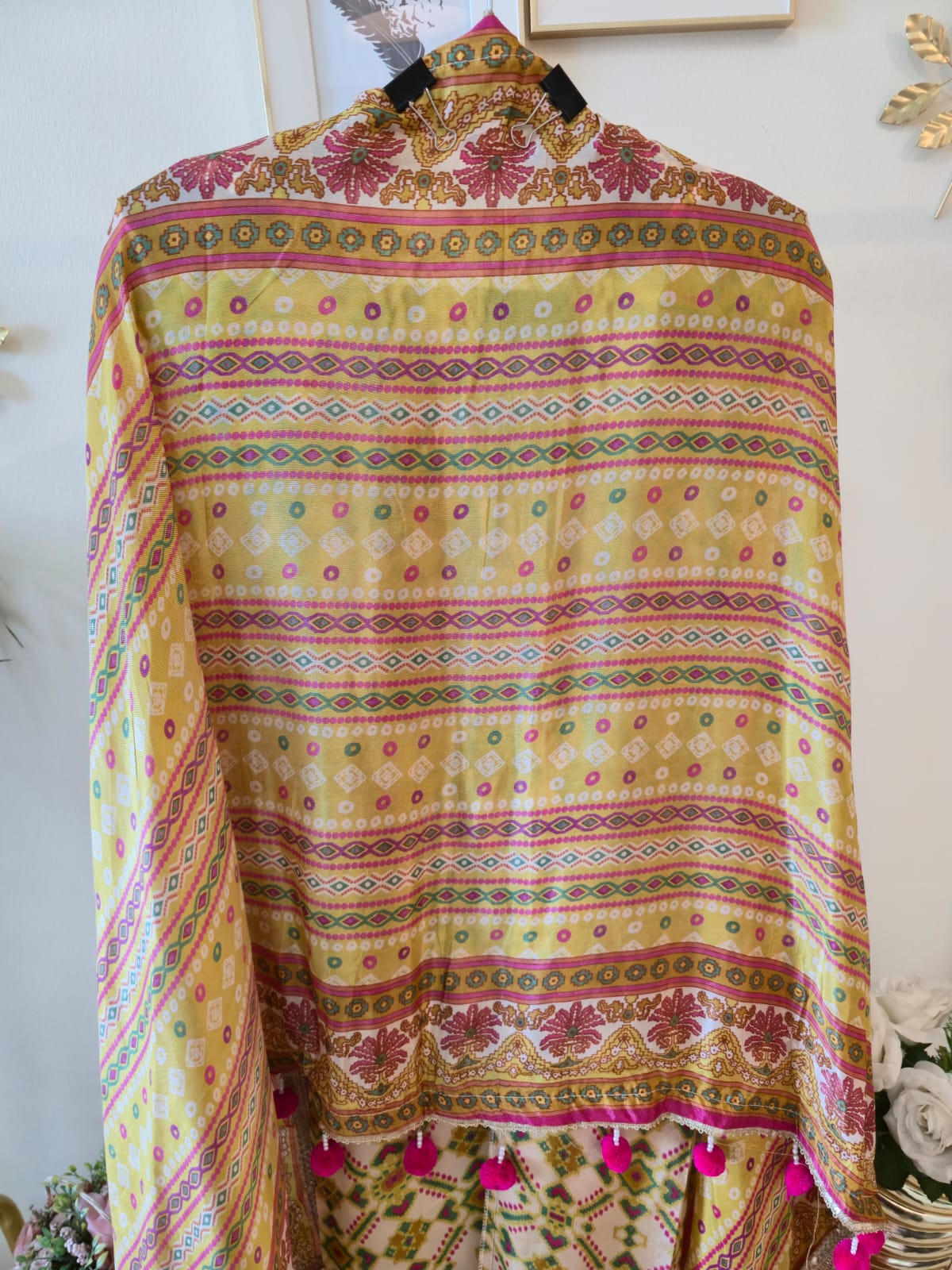 Pure crape Sunlit Mustard Mirror Work Unstitched Suit with Pink Pom-Pom Dupatta - Image 7