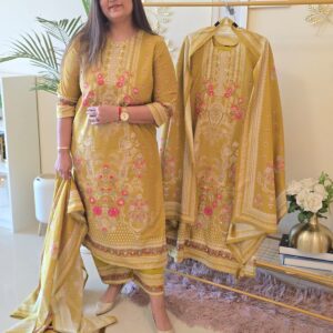 Title: Ready to wear     Elegant Mustard Embroidered Cotton SuitProduct