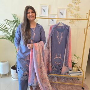 Title: Ready to wear Elegant slate grey Embroidered pure cotton with soft mul dupptta.