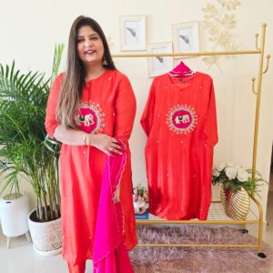 Title: Ready to wear     Tang Orange Pure Mul Chanderi Calcutta zari Hand Embroidered Kurta Set with Dupatta