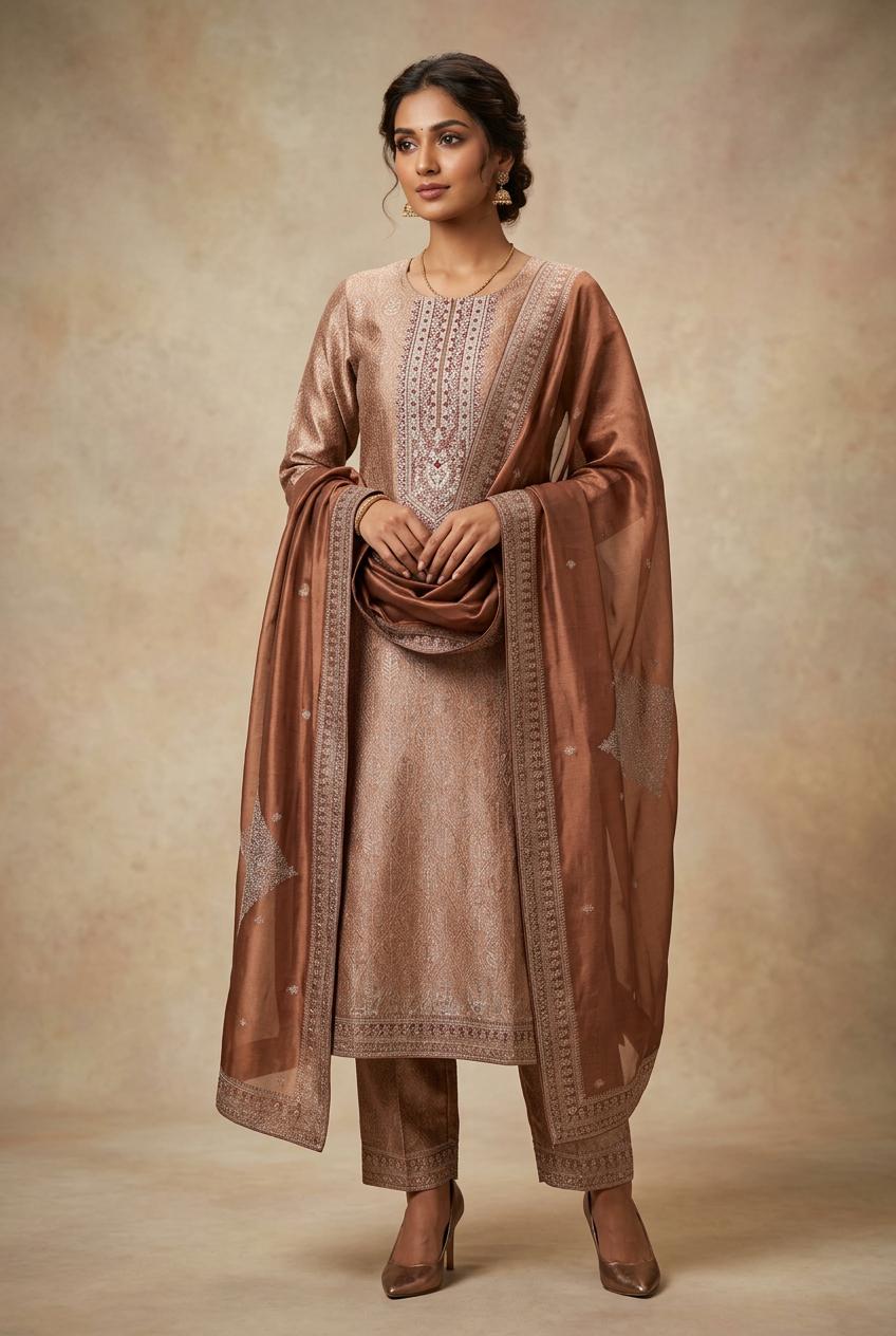 Mettalic Dusty Rose pure bhagalpuri banglori Silk Suit with Silver Floral Weave unstich three peice suit