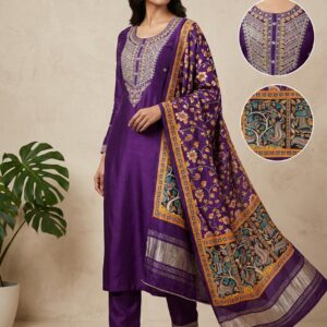 Regal Deep Purple Raw Silk Embroidered Suit with Floral Motif