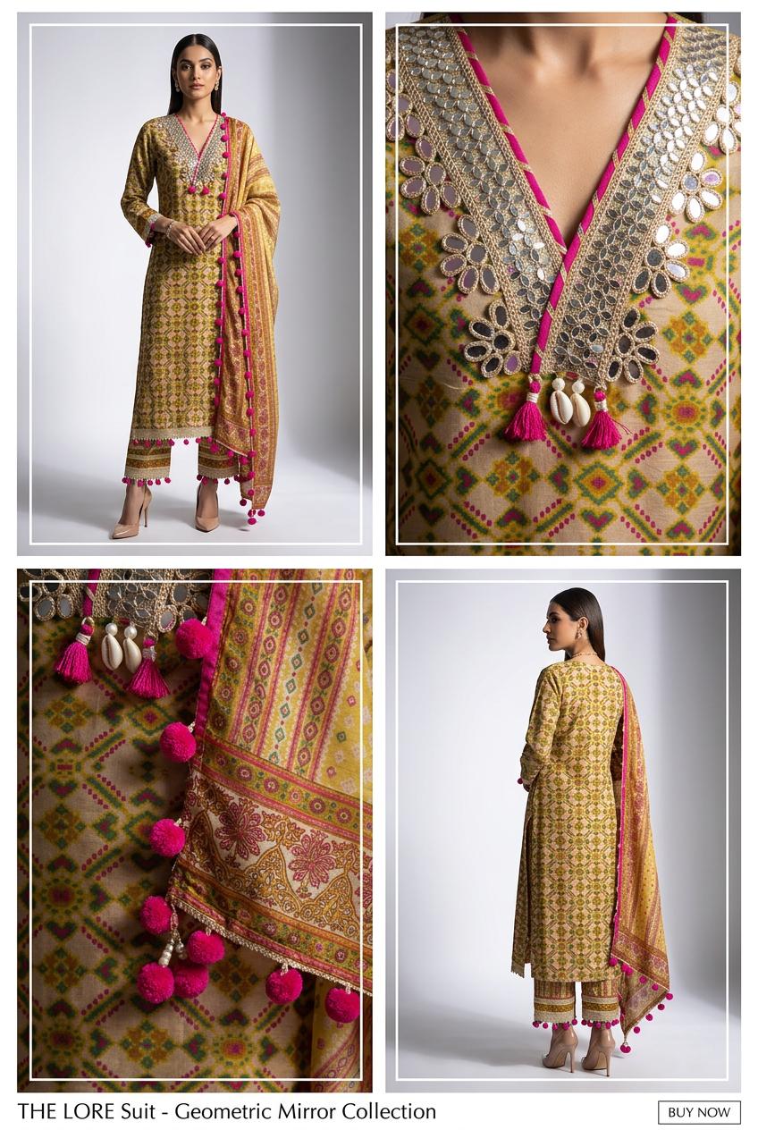Pure crape Sunlit Mustard Mirror Work Unstitched Suit with Pink Pom-Pom Dupatta