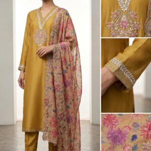 Title: Mustard Yellow Sheesha Silk unstiched three peice Suit with Hand-Embroidered Scalloped Dupatta with pearl work