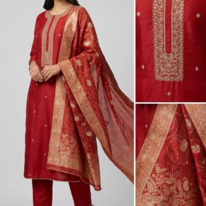 Title:  Rust Orange Banarasi Silk unstiched three peice Suit Set with Hand-Embroidered Neckline and Bandhej-Inspired.