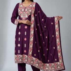 Wine pure  Rayon cotton Embroidered 3-Piece Suit with Floral Dupatta