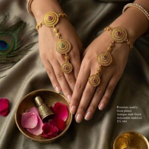 Title:  Premium Gold-Plated Adjustable Hathphool with Pearl & Ruby Stone Design