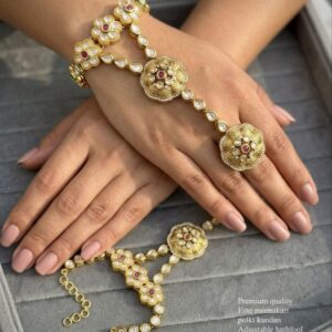 Title:  Premium Gold-Plated Adjustable Hathphool with Pearl & Ruby Stone Design