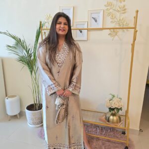 Title:  Champagne Beige Mirror Work Side Slit Long Dress