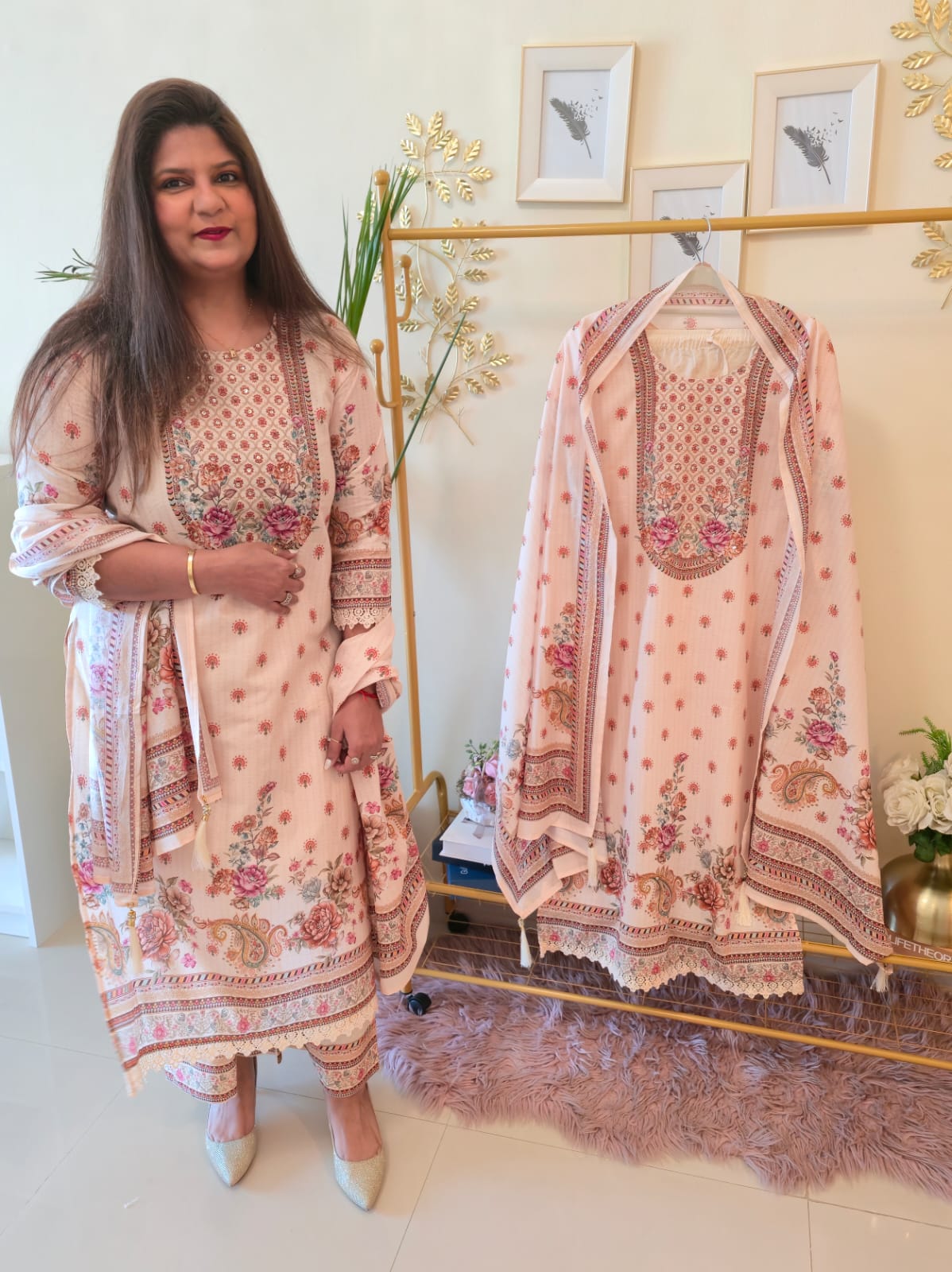 Title Beautiful Beige Embroidered Ready-to-Wear 3 Piece Suit - Image 2