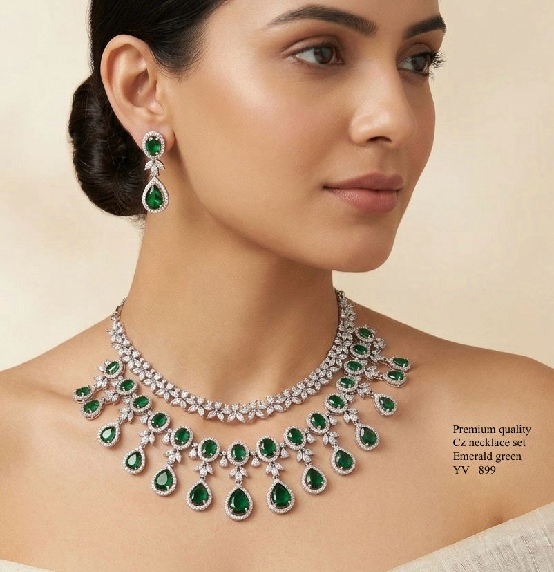 Title Emerald Green American Diamond Necklace Set – Premium White Rhodium Finish