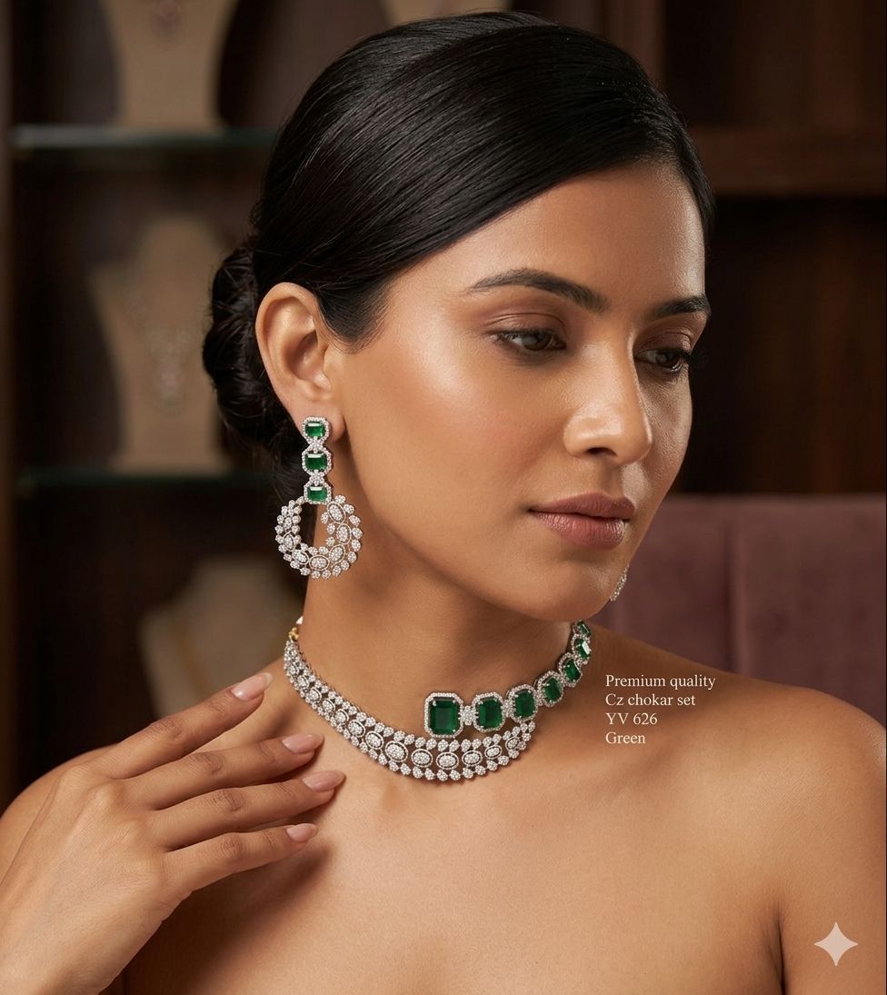 Title Emerald Green American Diamond Necklace Set – Premium White Rhodium Finish