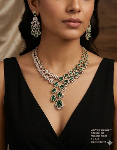 Title Emerald Green American Diamond Necklace Set – Premium White Rhodium Finish