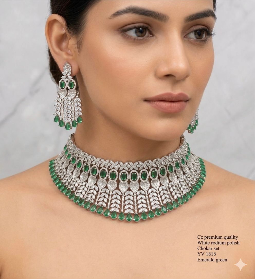 Title Emerald Green American Diamond Necklace Set – Premium White Rhodium Finish