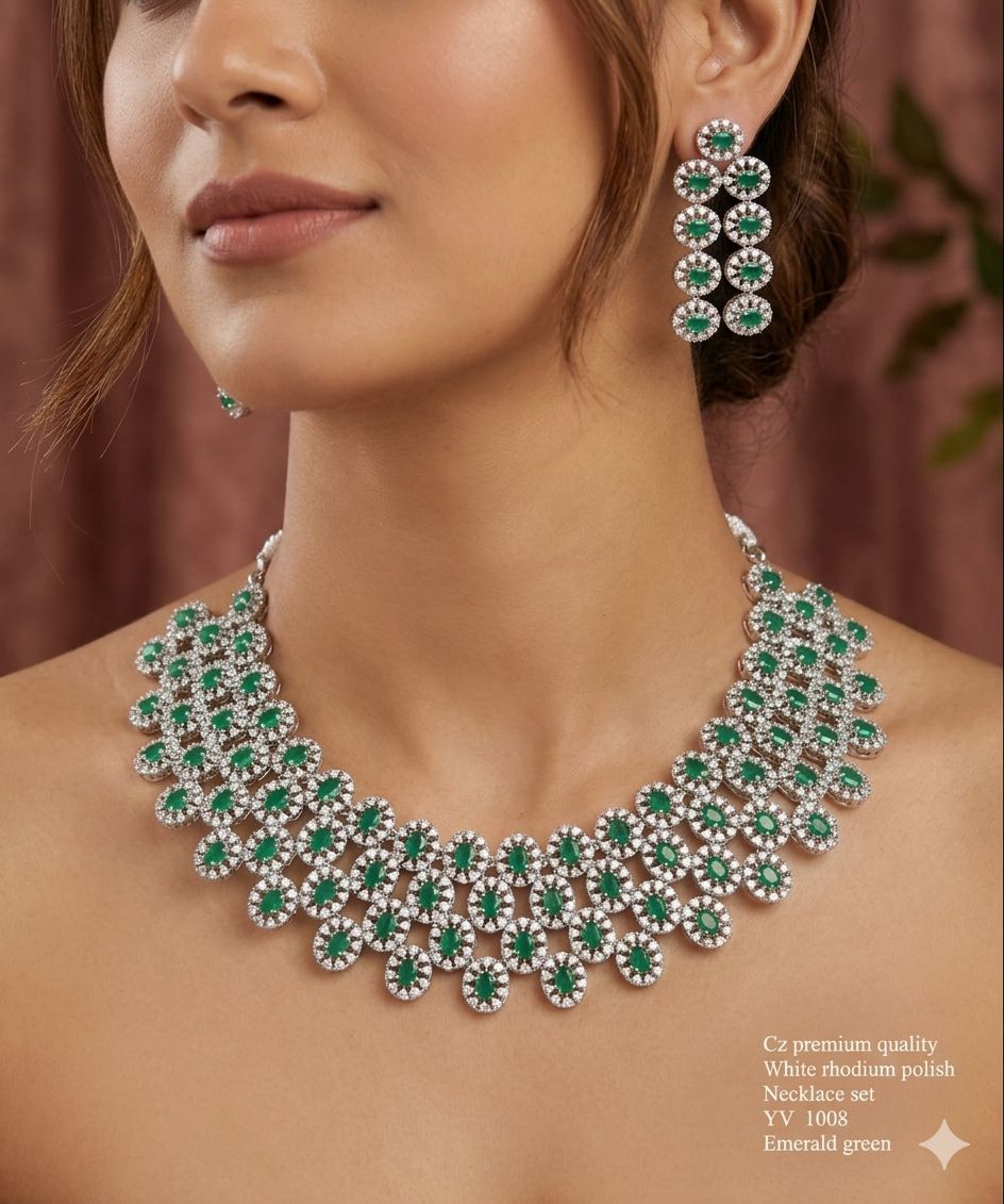 Title Emerald Green American Diamond Necklace Set – Premium White Rhodium Finish
