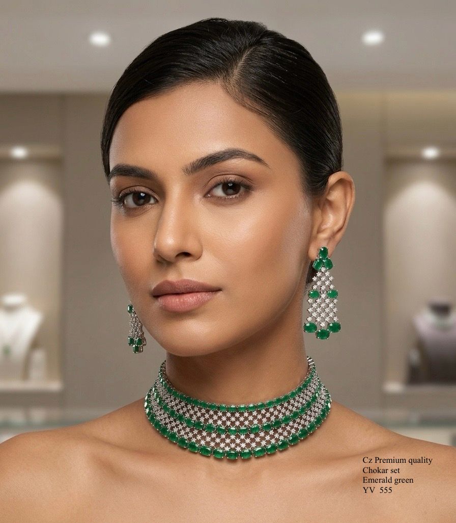 Title Emerald Green American Diamond Necklace Set – Premium White Rhodium Finish