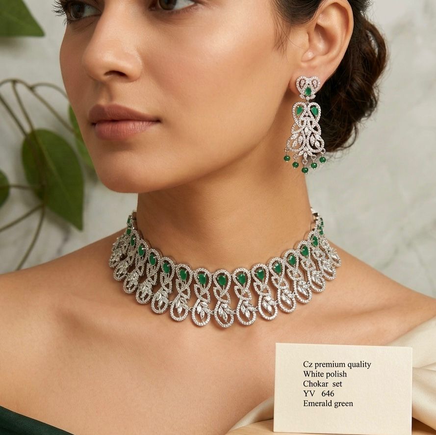 Title Emerald Green American Diamond Necklace Set – Premium White Rhodium Finish