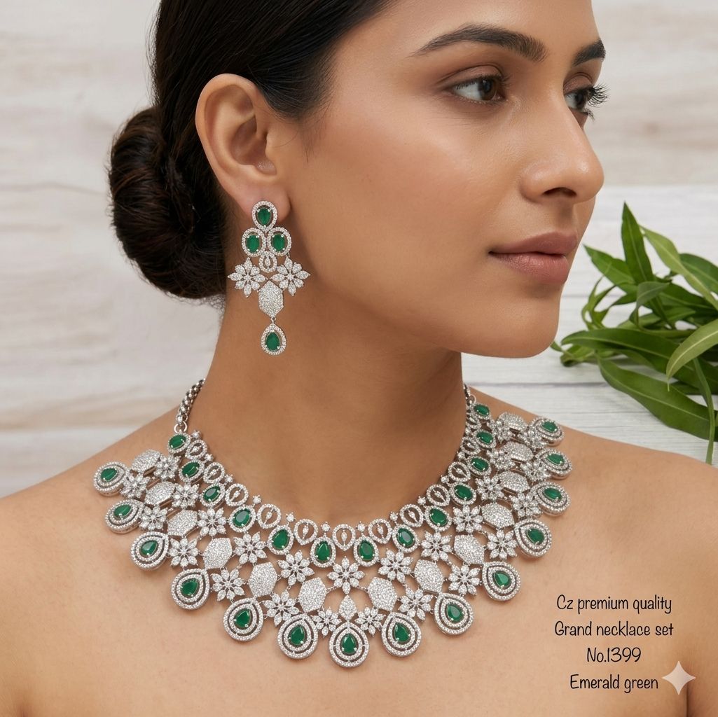 Title Emerald Green American Diamond Necklace Set – Premium White Rhodium Finish