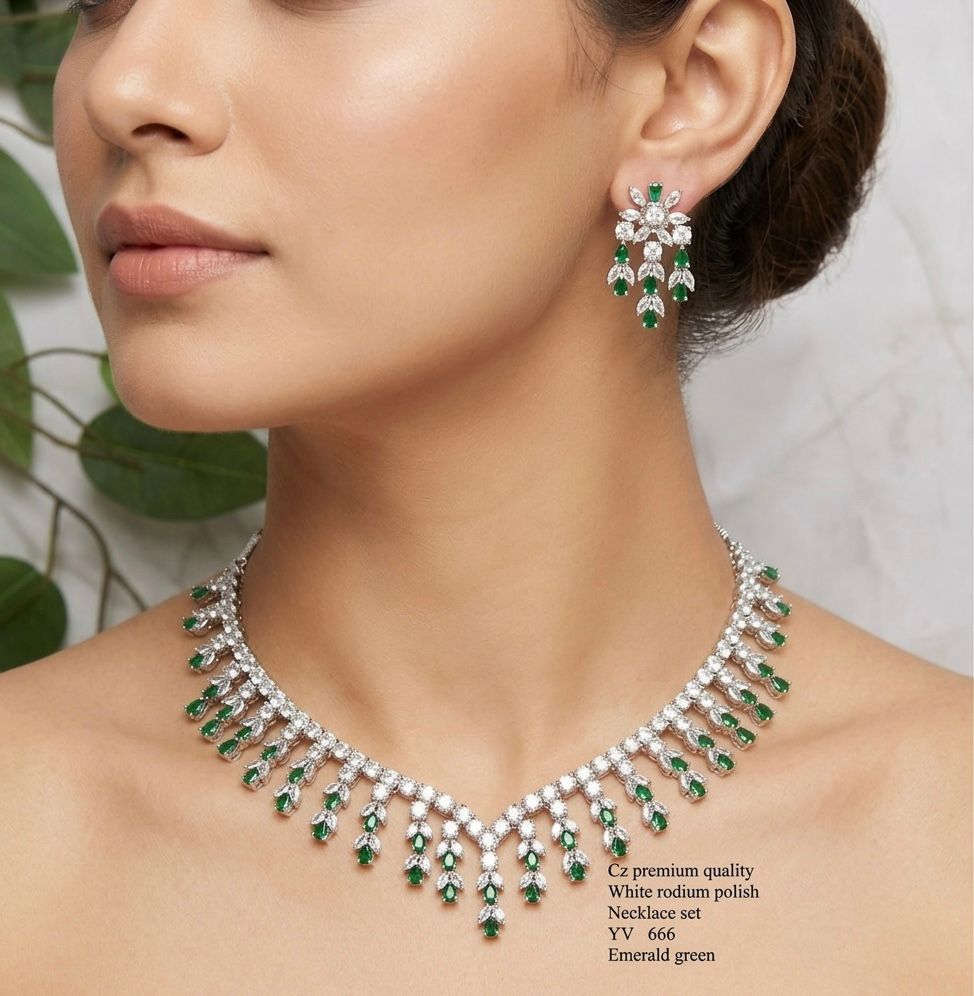Title Emerald Green American Diamond Necklace Set – Premium White Rhodium Finish
