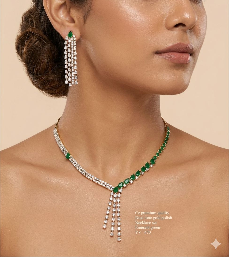 Title Emerald Green American Diamond Necklace Set – Premium White Rhodium Finish
