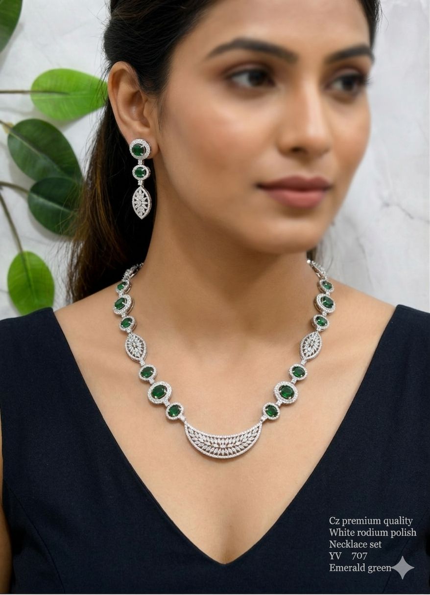 Title Emerald Green American Diamond Necklace Set – Premium White Rhodium Finish