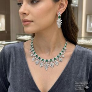 Title  Emerald Green American Diamond Necklace Set – Premium White Rhodium polish