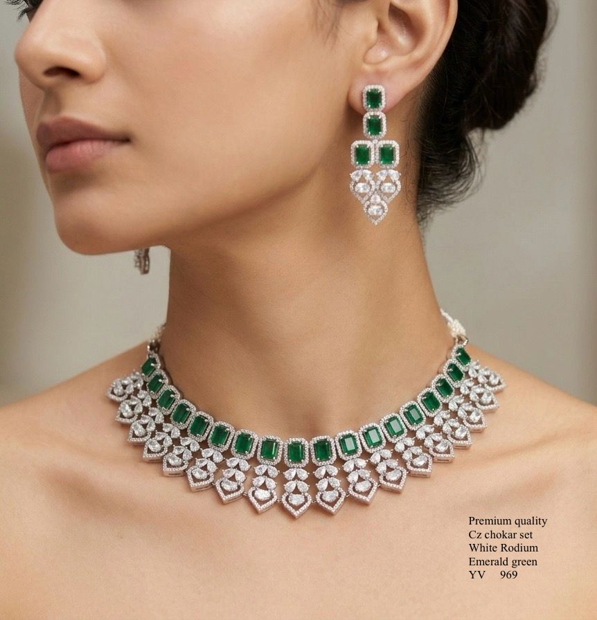 Title Emerald Green American Diamond Necklace Set – Premium White Rhodium Finish