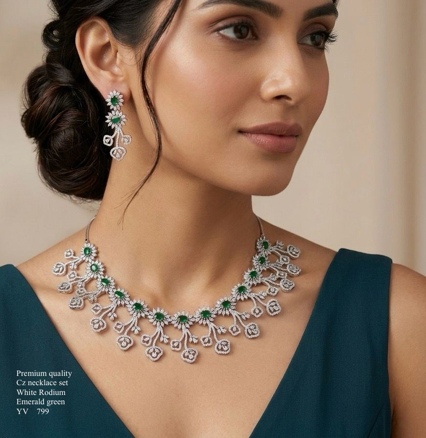 Title Emerald Green American Diamond Necklace Set – Premium White Rhodium Finish