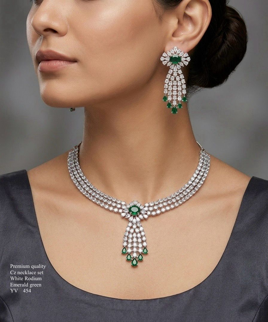 Title Emerald Green American Diamond Necklace Set – Premium White Rhodium Finish