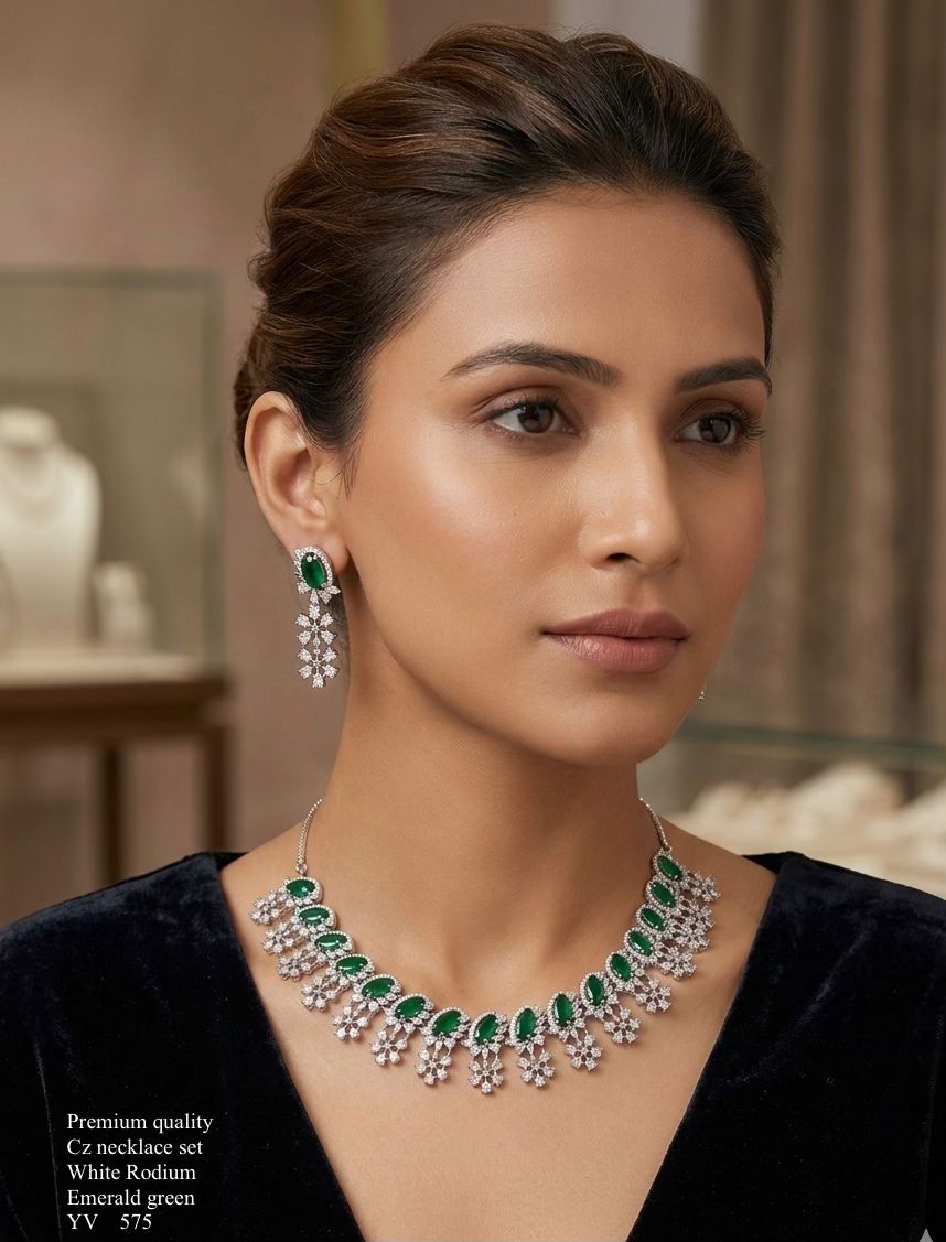 Title Emerald Green American Diamond Necklace Set – Premium White Rhodium Finish