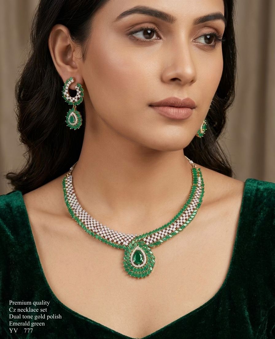 Title Emerald Green American Diamond Necklace Set – Premium White Rhodium Finish
