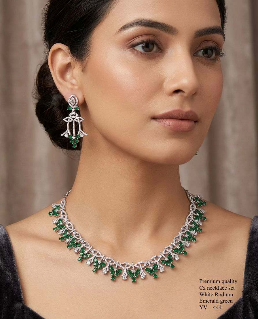 Title Emerald Green American Diamond Necklace Set – Premium White Rhodium Finish