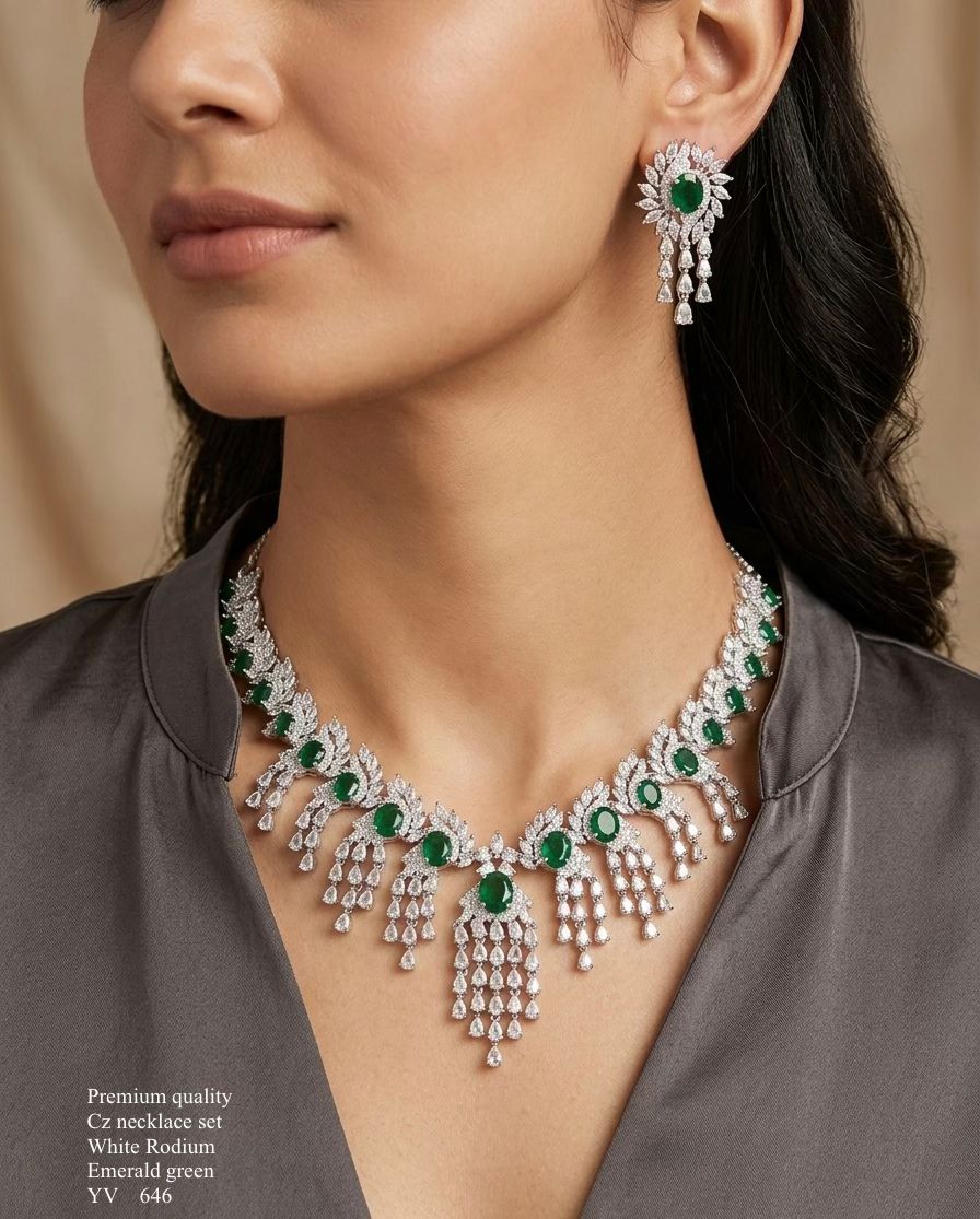 Title Emerald Green American Diamond Necklace Set – Premium White Rhodium Finish