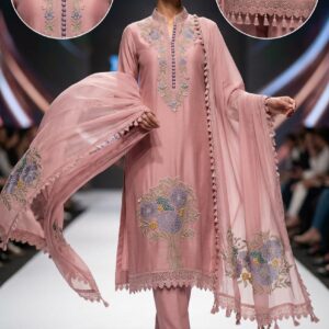 Title:  Elegant Blush Pink Embroidered Blend Crepe unstiched three peice suit Set.