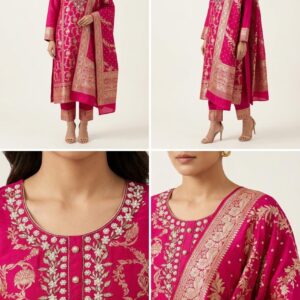 Title:   Fire Red Banarasi Silk Unstitched Suit Set with Zari & HandworkProduct 