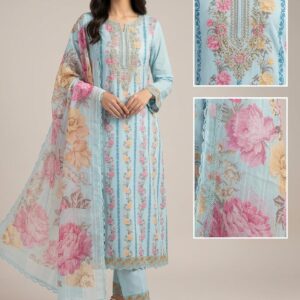 Title:   Sky Blue Floral Digital Printed 3-Piece Unstitched Cotton Suit.