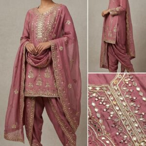 Title: Elegant Rose Pink silk Embroidered 3-Piece Dhoti Suit Set with Dupatta