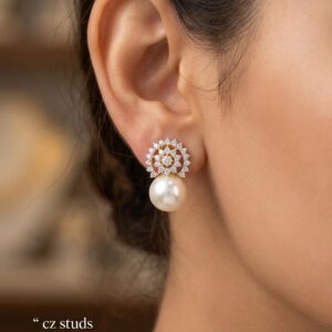 Title  Luxury  CZ Stud Earrings for Women | Gold Finish Floral Design